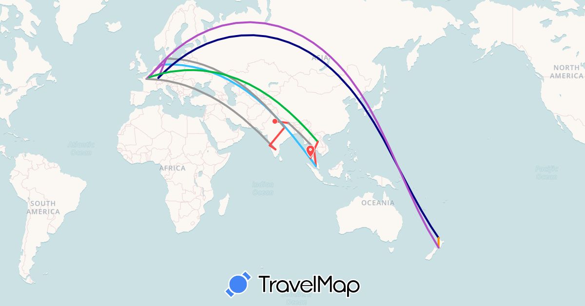 TravelMap itinerary: driving, bus, plane, train, hiking, boat, hitchhiking in Germany, France, India, Malaysia, Nepal, New Zealand, Thailand (Asia, Europe, Oceania)