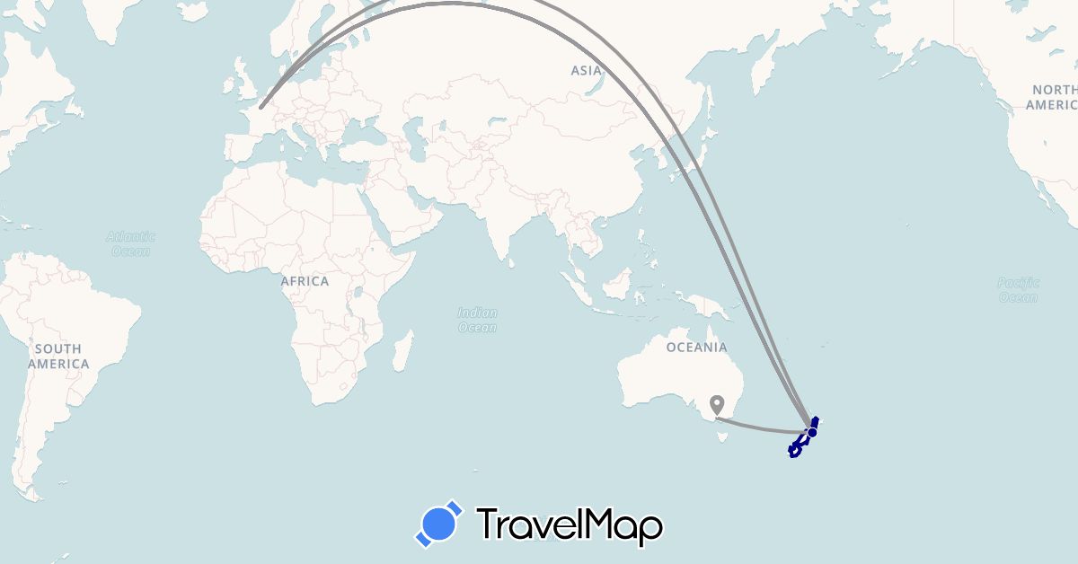 TravelMap itinerary: driving, plane, hiking, boat in Australia, France, New Zealand (Europe, Oceania)